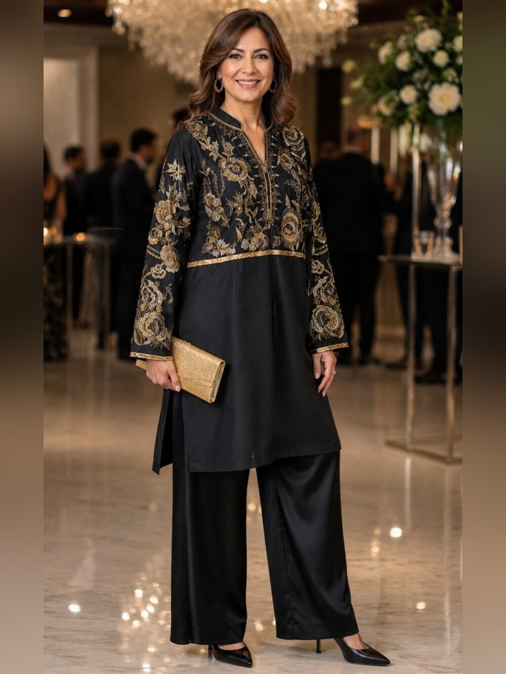 Handmade S/M Black Tunic Gold Tone Floral Beaded Embroidery Formal